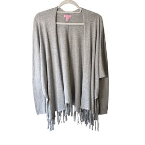 Lilly Pulitzer Light Gray Fringe Coolmax Cotton Cardigan Size XS Boho Resortwear